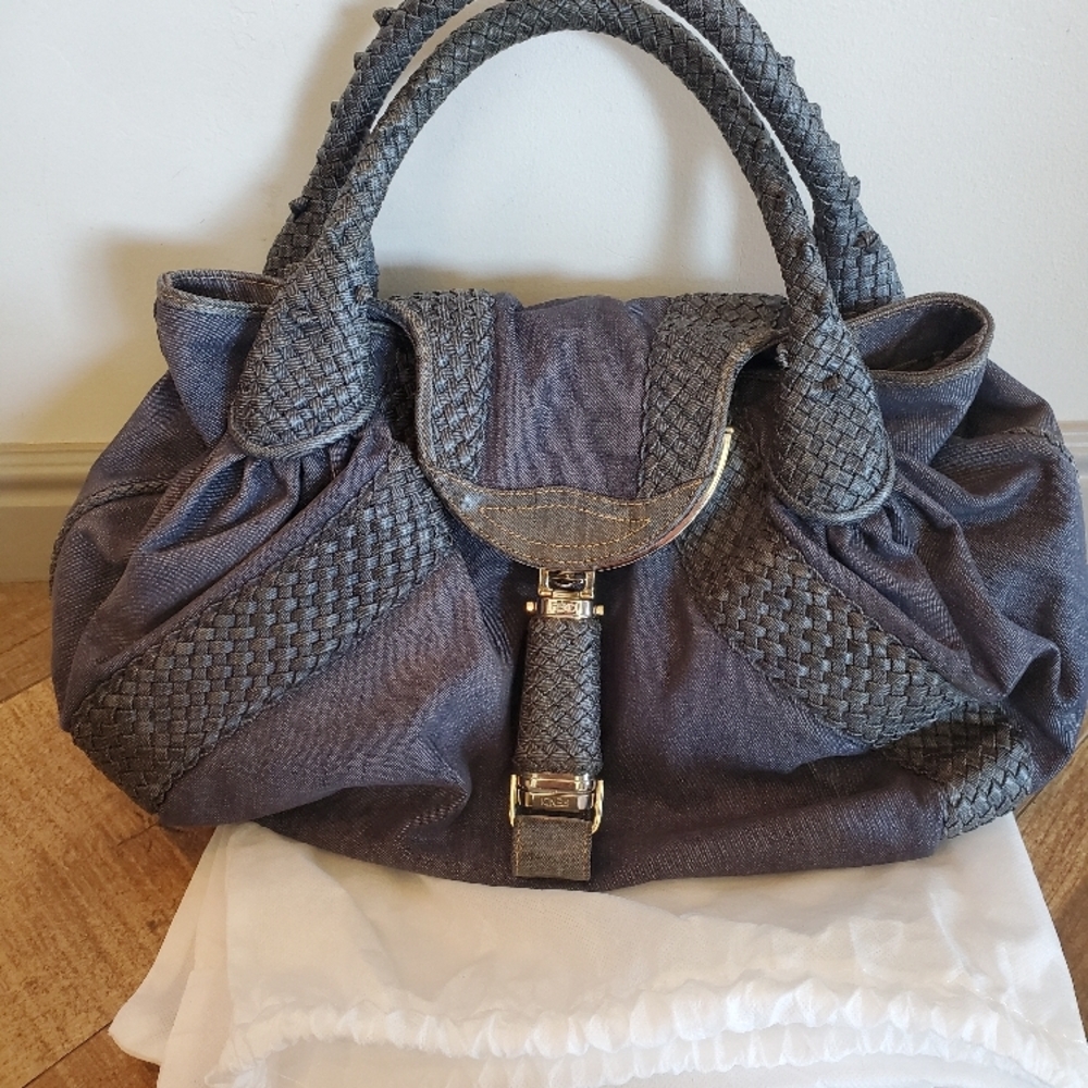 Fendi Spy Denim Shoulder Bag with Textured Pattern. Rare style.